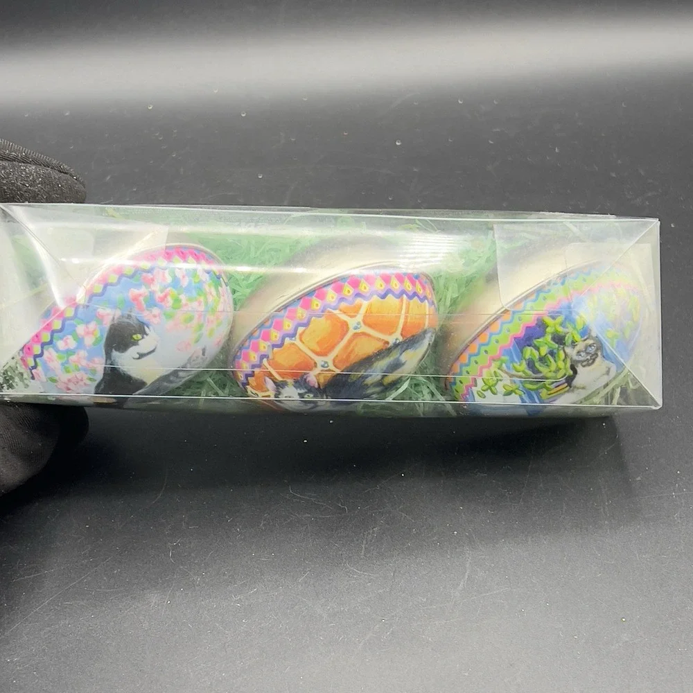 VTG Tin Metal Easter Egg‎ Container w/ Kitty Cat Design Calico Tuxedo Set of 3